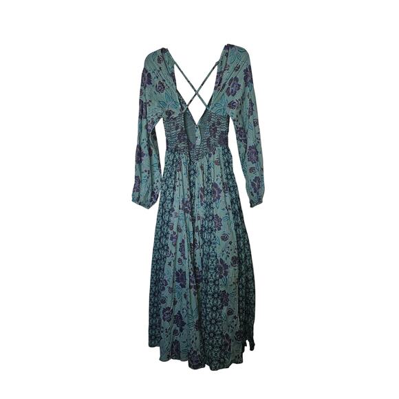 New FREE PEOPLE A New Way Floral Maxi Dress $168 SMALL Teal Smocked - Picture 7 of 7